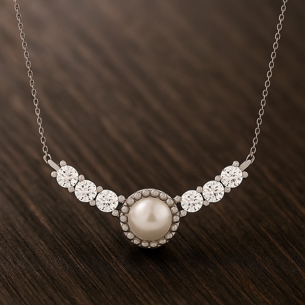 Natural Pearl & Diamond 92.5 Sterling Silver Necklace: Natural Pearl & Diamond 92.5 Sterling Silver Necklace Gemstone Shape : Round Gemstone Size : 3.5 MM Gemstone Quantity : 1 Piece Diamond Type : Lab Grown Diamond Shape : Round Diamond Color :