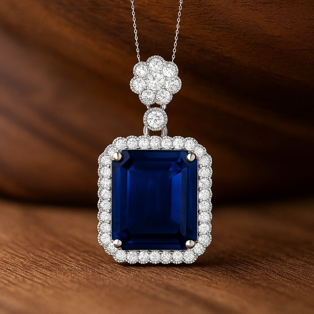 Natural Blue Sapphire & Diamond 92.5 Sterling Silver Pendant with Chain: Natural Blue Sapphire & Diamond 92.5 Sterling Silver Pendant with Chain Gemstone Shape : Emerald Gemstone Size : 12x10 MM Gemstone Quantity : 1 Piece Diamond Type : Lab Grown Diamond Shape : Round