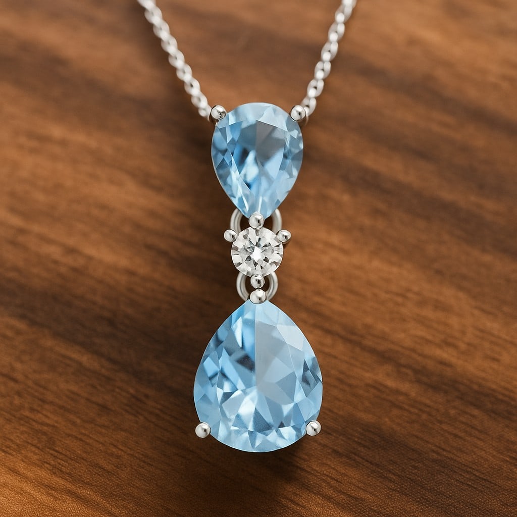 Natural Aquamarine & Diamond 92.5 Sterling Silver Pendant with Chain: Natural Aquamarine & Diamond 92.5 Sterling Silver Pendant with Chain Gemstone Shape : Pear Gemstone Size : 10x8 MM, 7x5 MM Gemstone Quantity : 2 Pieces Diamond Type : Lab Grown Diamond Shape : Round</