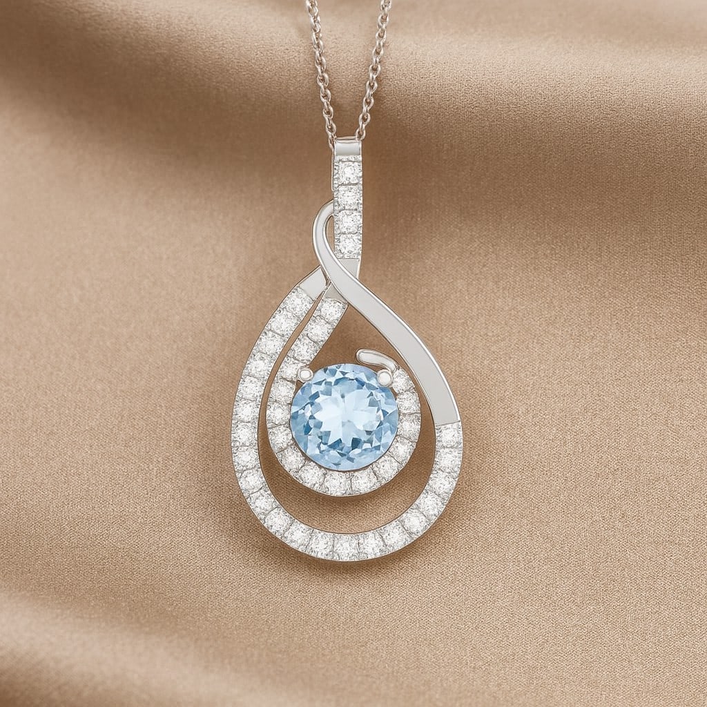 Natural Aquamarine & Diamond 92.5 Sterling Silver Pendant with Chain: Natural Aquamarine & Diamond 92.5 Sterling Silver Pendant with Chain Gemstone Shape : Round Gemstone Size : 5 MM Gemstone Quantity : 1 Piece Diamond Type : Lab Grown Diamond Shape : Round Diamo