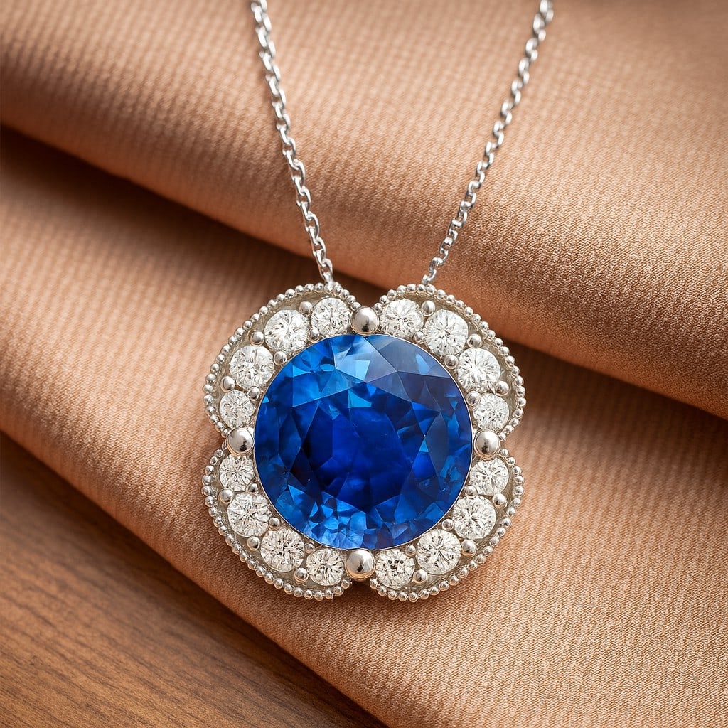 Natural Blue Sapphire & Diamond 92.5 Sterling Silver Necklace: Natural Blue Sapphire & Diamond 92.5 Sterling Silver Necklace Gemstone Shape : Round Gemstone Size : 8 MM Gemstone Quantity : 1 Piece Diamond Type : Lab Grown Diamond Shape : Round Diamond Colo