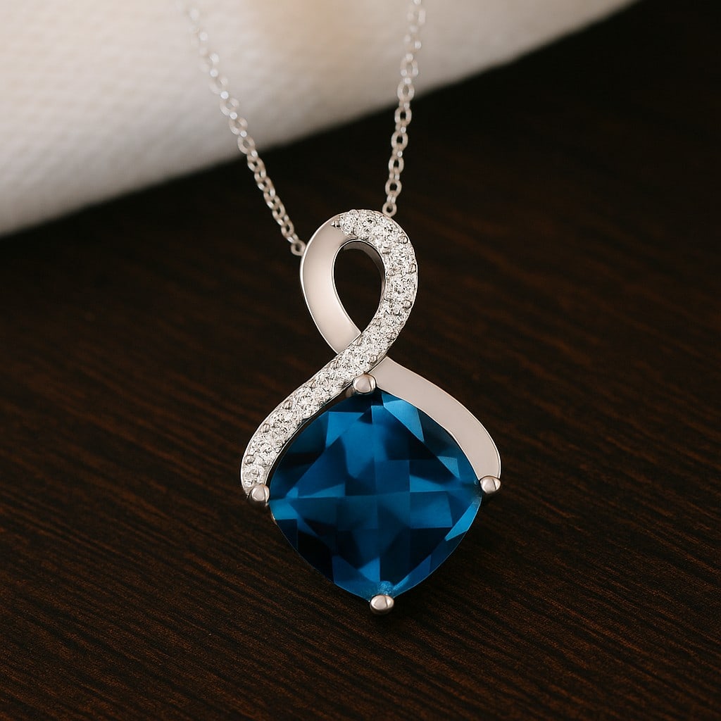 Natural London Blue Topaz & Diamond 92.5 Sterling Silver Pendant with Chain: Natural London Blue Topaz & Diamond 92.5 Sterling Silver Pendant with Chain Gemstone Shape : Cushion Square Gemstone Size : 8 MM Gemstone Quantity : 1 Piece Diamond Type : Lab Grown Diamond Shape : Ro