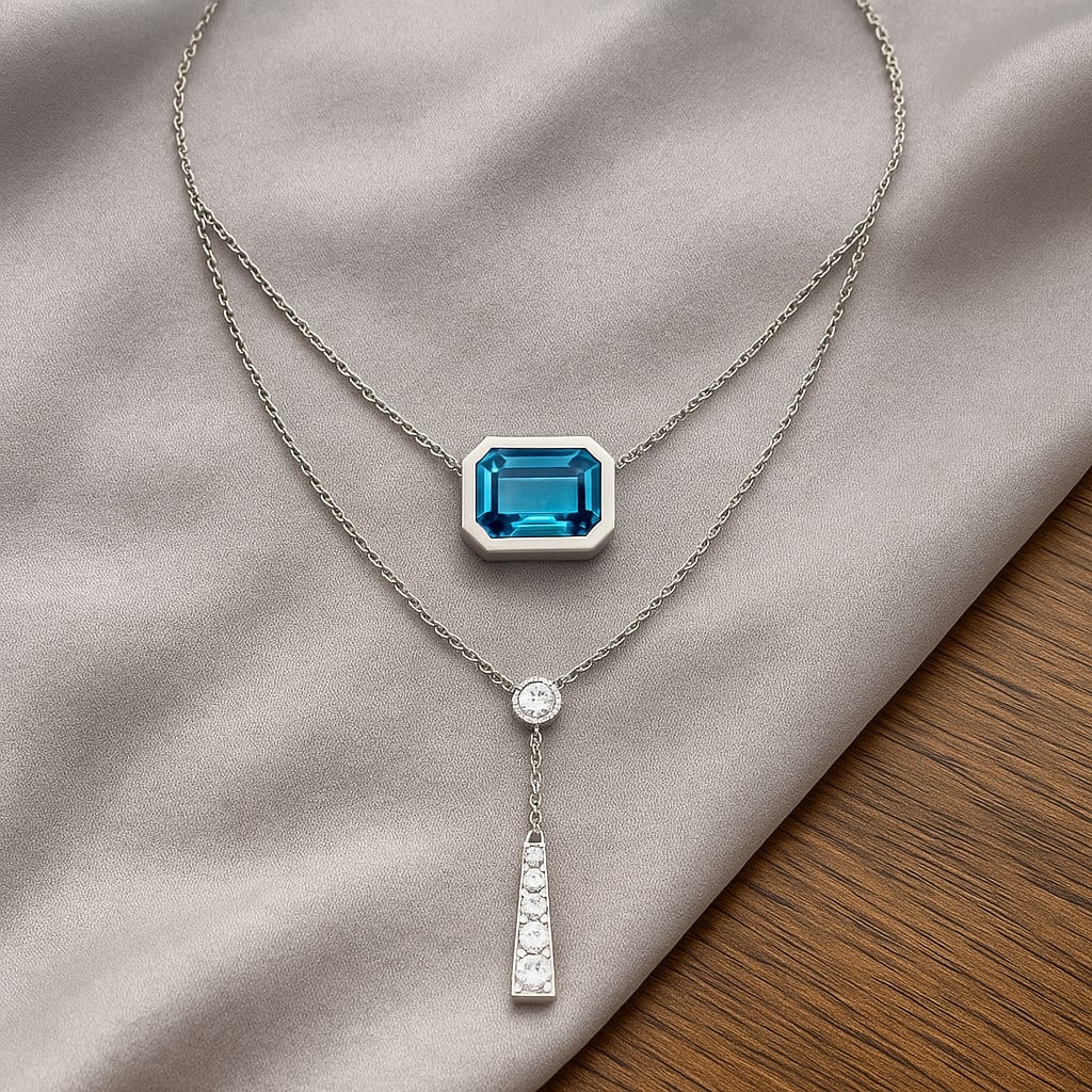Natural Swiss Blue Topaz & Diamond 92.5 Sterling Silver Necklace: Natural Swiss Blue Topaz & Diamond 92.5 Sterling Silver Necklace Gemstone Shape : Emerald Gemstone Size : 6 MM Gemstone Quantity : 1 Piece Diamond Type : Lab Grown Diamond Shape : Round Diamond