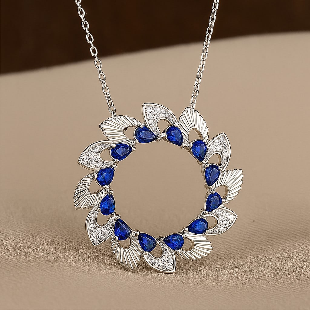 Natural Blue Sapphire & Diamond 92.5 Sterling Silver Pendant with Chain: Natural Blue Sapphire & Diamond 92.5 Sterling Silver Pendant with Chain Gemstone Shape : Pear Gemstone Size : 3x2 MM Gemstone Quantity : 12 Pieces Diamond Type : Lab Grown Diamond Shape : Round