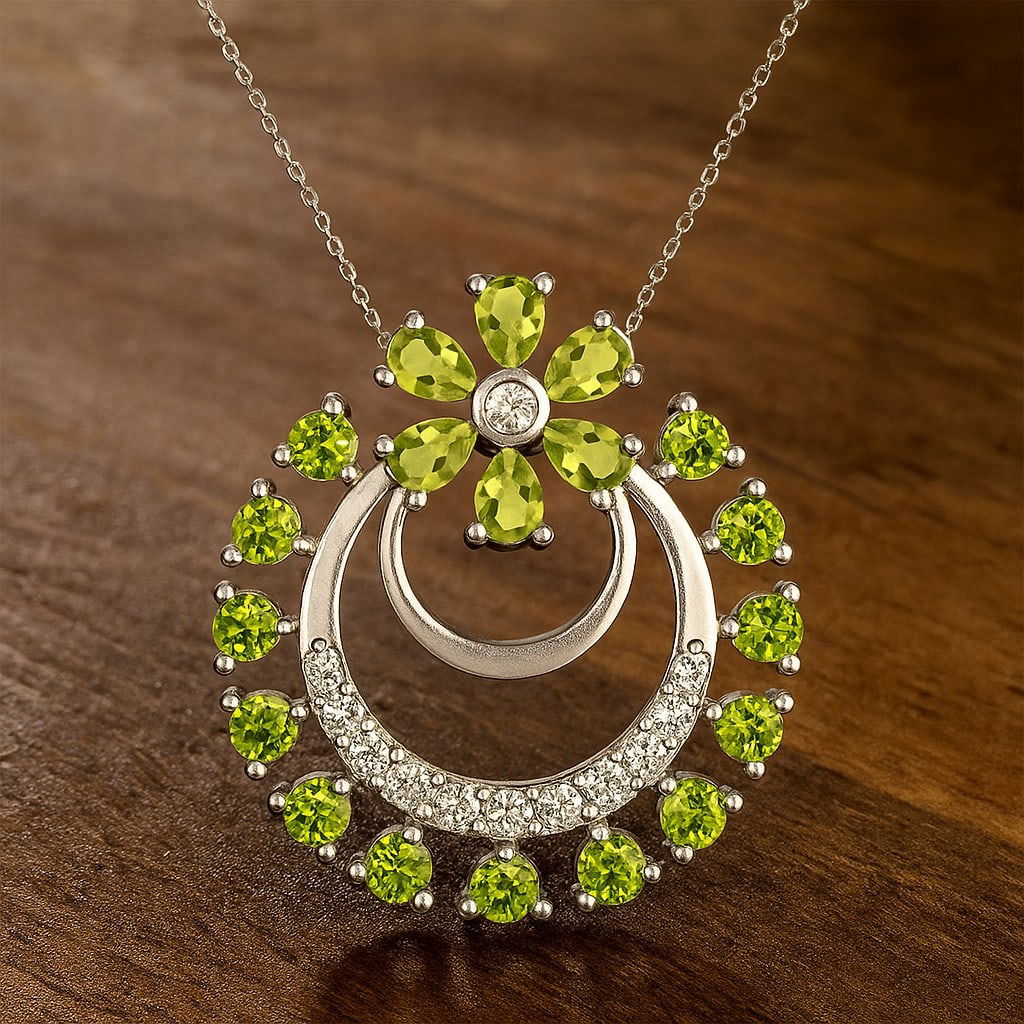 Natural Peridot & Diamond 92.5 Sterling Silver Pendant with Chain (1 of 7)