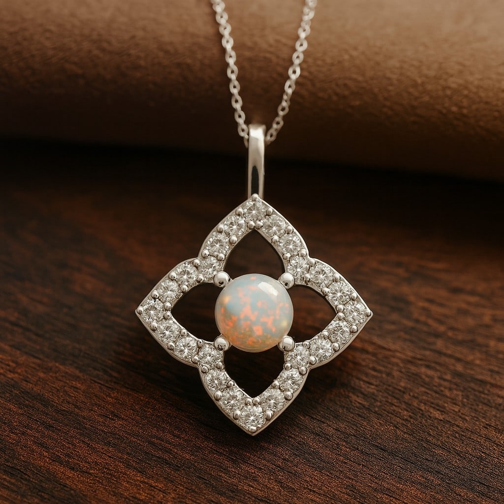 Natural Opal & Diamond 92.5 Sterling Silver Pendant with Chain: Natural Opal & Diamond 92.5 Sterling Silver Pendant with Chain Gemstone Shape : Round Gemstone Size : 3.3 MM Gemstone Quantity : 1 Piece Diamond Type : Lab Grown Diamond Shape : Round Diamond C