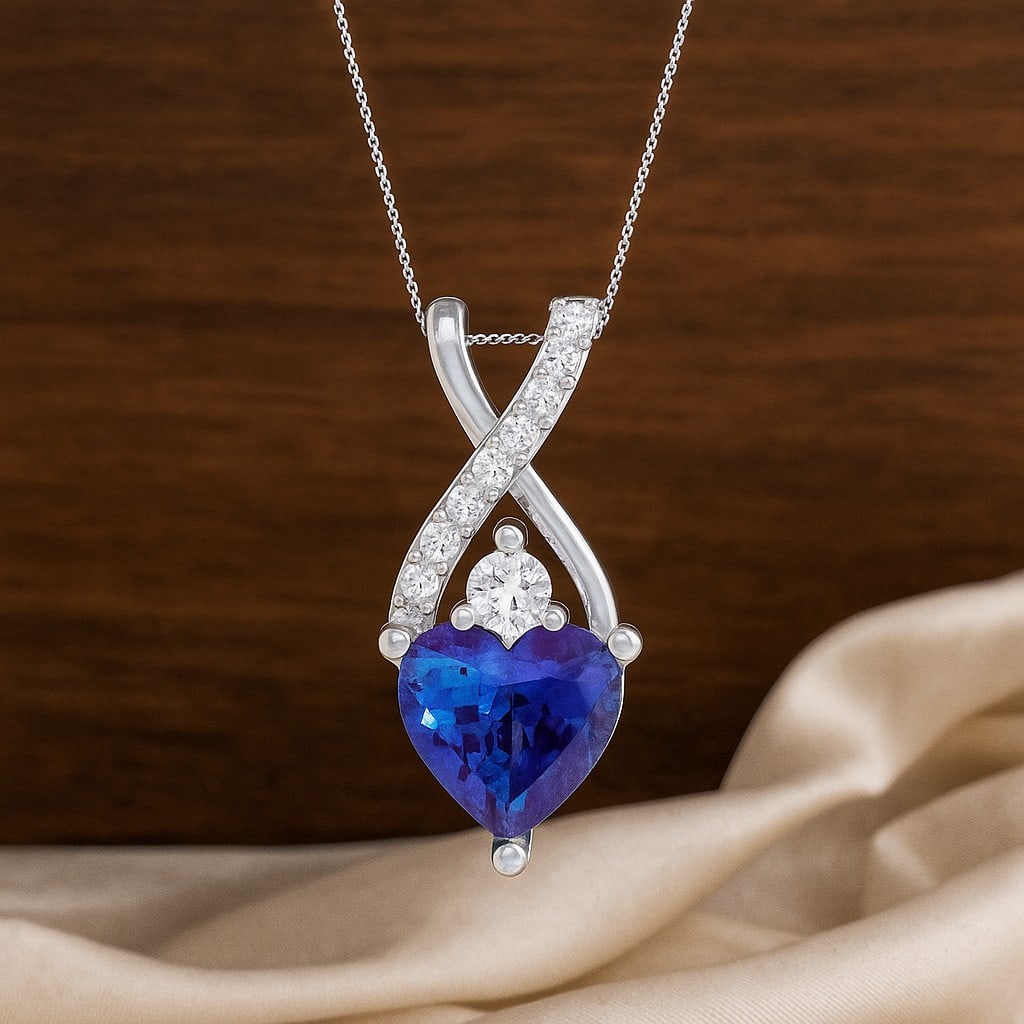 Natural Tanzanite & Diamond 92.5 Sterling Silver Pendant with Chain: Natural Tanzanite & Diamond 92.5 Sterling Silver Pendant with Chain Gemstone Shape : Heart Gemstone Size : 5 MM Gemstone Quantity : 1 Piece Diamond Type : Lab Grown Diamond Shape : Round Diamon