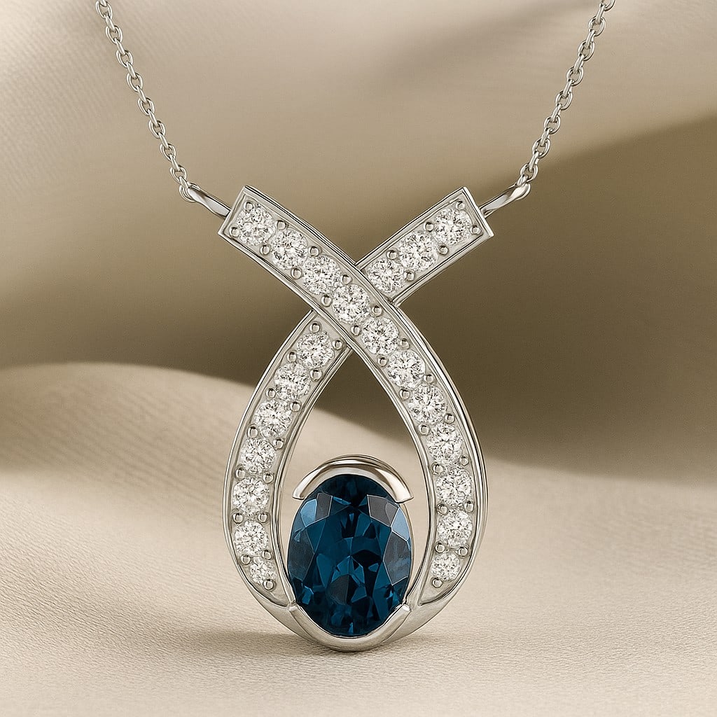 Natural London Blue Topaz & Diamond 92.5 Sterling Silver Pendant with Chain: Natural London Blue Topaz & Diamond 92.5 Sterling Silver Pendant with Chain Gemstone Shape : Oval Gemstone Size : 7x5 MM Gemstone Quantity : 1 Piece Diamond Type : Lab Grown Diamond Shape : Round<