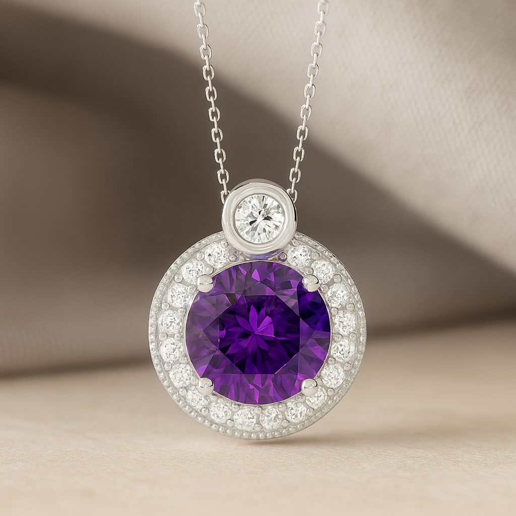 Natural Amethyst & Diamond 92.5 Sterling Silver Pendant with Chain (1 of 7)