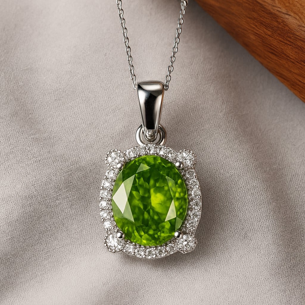 Natural Peridot & Diamond 92.5 Sterling Silver Pendant with Chain (1 of 7)