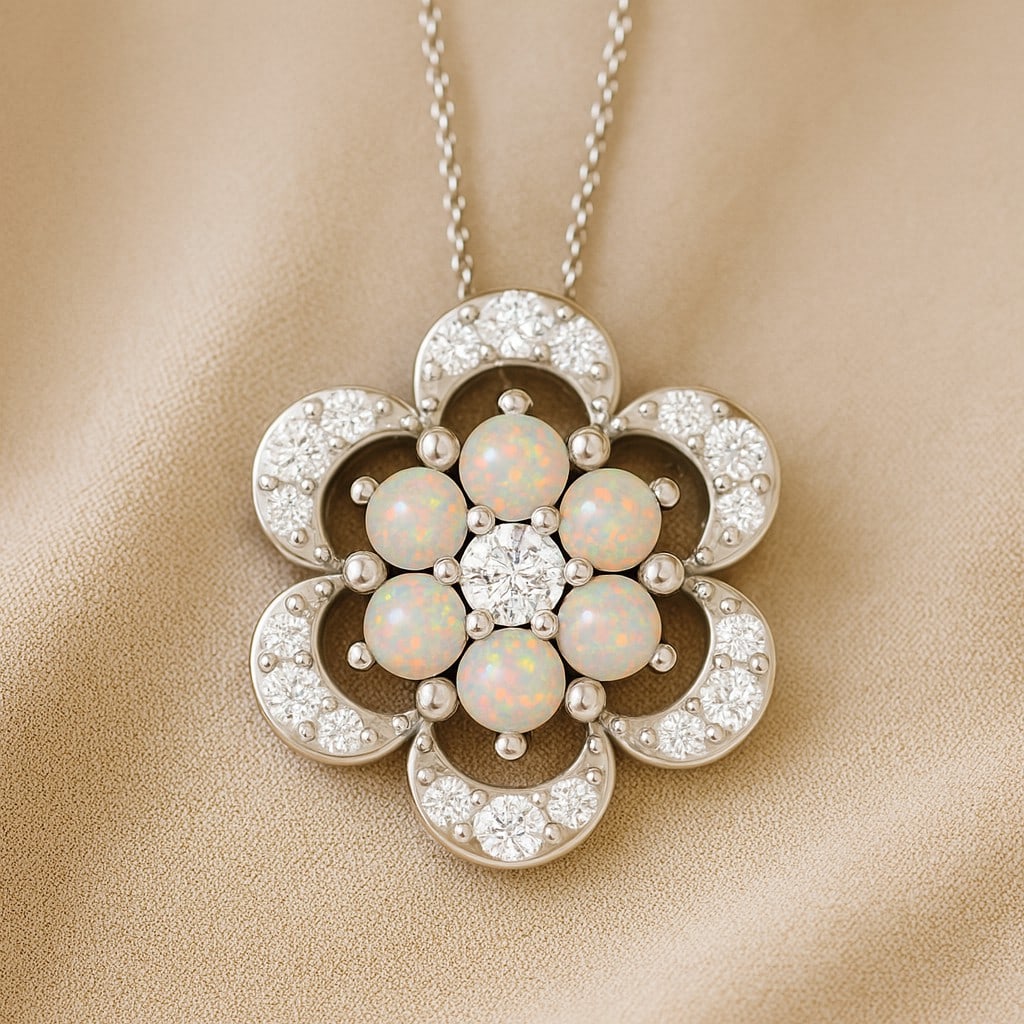 Natural Opal & Diamond 92.5 Sterling Silver Pendant with Chain: Natural Opal & Diamond 92.5 Sterling Silver Pendant with Chain Gemstone Shape : Round Gemstone Size : 2.5 MM Gemstone Quantity : 6 Pieces Diamond Type : Lab Grown Diamond Shape : Round Diamond