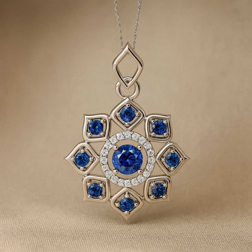 Natural Blue Sapphire & Diamond 92.5 Sterling Silver Pendant with Chain (1 of 7)