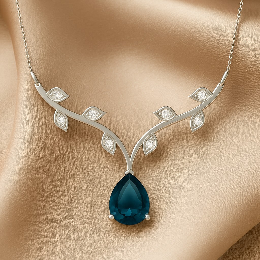 Natural London Blue Topaz & Diamond 92.5 Sterling Silver Necklace: Natural London Blue Topaz & Diamond 92.5 Sterling Silver Necklace Gemstone Shape : Pear Gemstone Size : 8x6 MM Gemstone Quantity : 1 Piece Diamond Type : Lab Grown Diamond Shape : Round Diamond