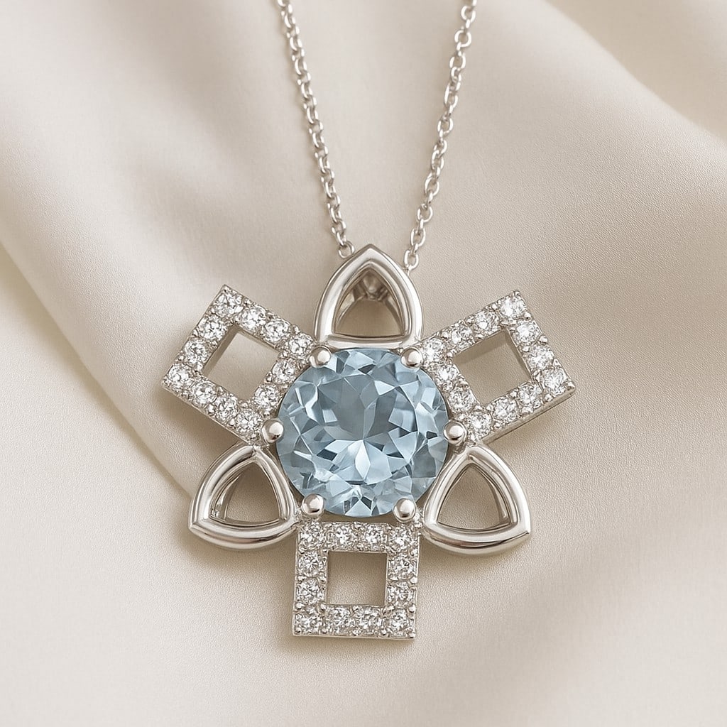 Natural Aquamarine & Diamond 92.5 Sterling Silver Pendant with Chain: Natural Aquamarine & Diamond 92.5 Sterling Silver Pendant with Chain Gemstone Shape : Round Gemstone Size : 6 MM Gemstone Quantity : 1 Piece Diamond Type : Lab Grown Diamond Shape : Round Diamo