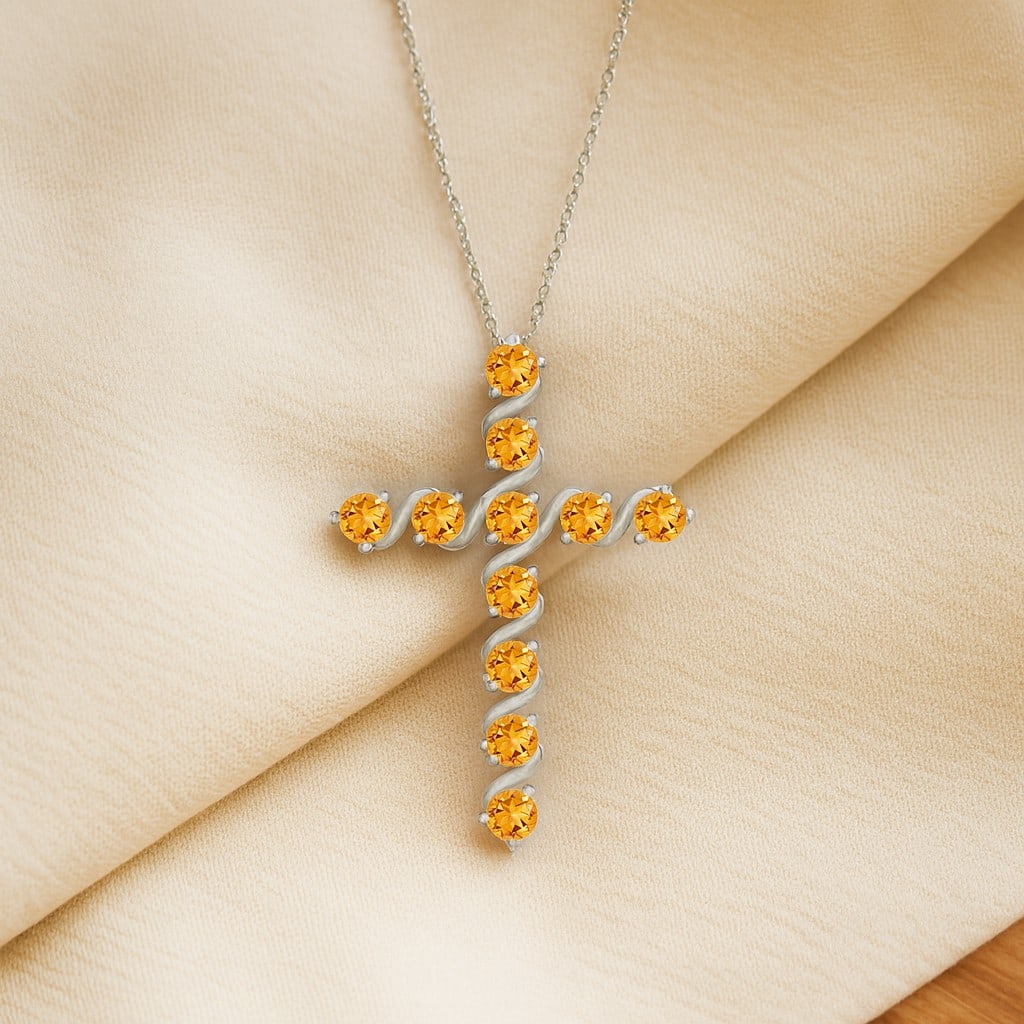 Natural Citrine Gemstone 92.5 Sterling Silver Pendant with Chain: Natural Citrine Gemstone 92.5 Sterling Silver Pendant with Chain Gemstone Shape : Round Gemstone Size : 2.6 MM Gemstone Quantity : 11 Pieces Metal : Silver Metal Purity : 92.5 Sterling Silver P