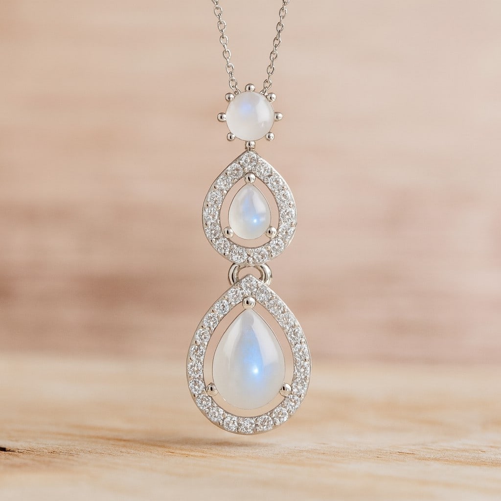 Natural Moonstone & Diamond 92.5 Sterling Silver Pendant with Chain: Natural Moonstone & Diamond 92.5 Sterling Silver Pendant with Chain Gemstone Shape : Pear, Round Gemstone Size : 7x5 MM, 4x3 MM, 3.5 MM Gemstone Quantity : 3 Pieces Diamond Type : Lab Grown Diamond Sh