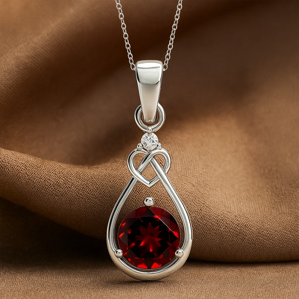 Natural Garnet & Diamond 92.5 Sterling Silver Pendant with Chain (1 of 7)