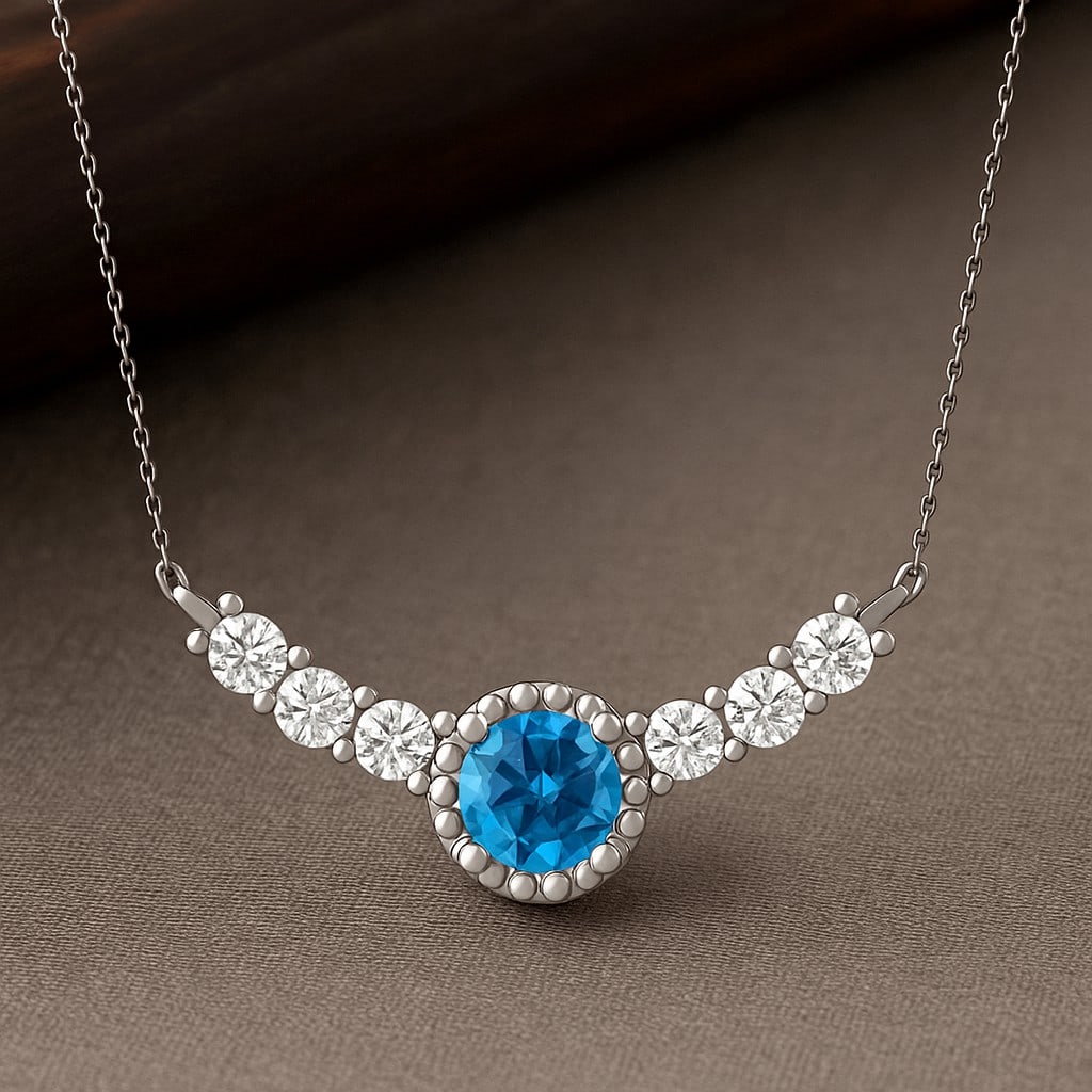Natural Swiss Blue Topaz & Diamond 92.5 Sterling Silver Necklace: Natural Swiss Blue Topaz & Diamond 92.5 Sterling Silver Necklace Gemstone Shape : Round Gemstone Size : 3.5 MM Gemstone Quantity : 1 Piece Diamond Type : Lab Grown Diamond Shape : Round Diamond