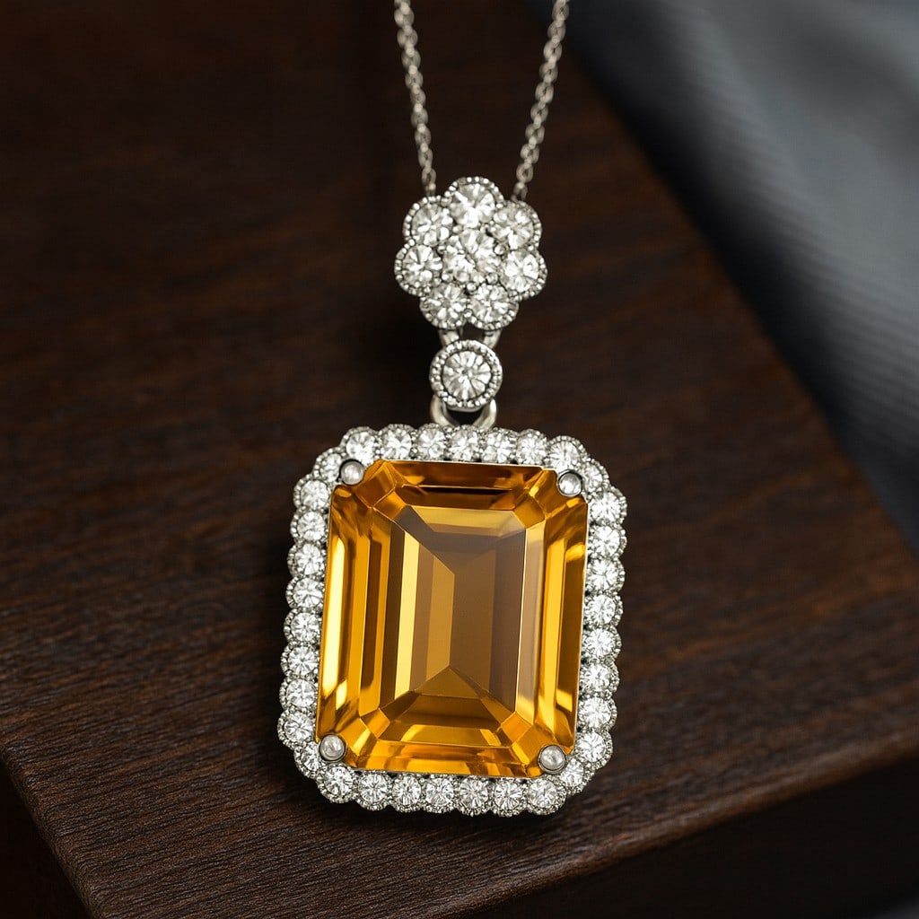 Natural Citrine & Diamond 92.5 Sterling Silver Pendant with Chain: Natural Citrine & Diamond 92.5 Sterling Silver Pendant with Chain Gemstone Shape : Emerald Gemstone Size : 12x10 MM Gemstone Quantity : 1 Piece Diamond Type : Lab Grown Diamond Shape : Round Di