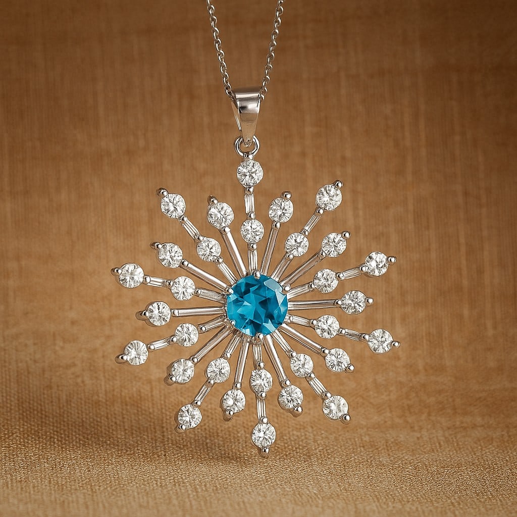 Natural Swiss Blue Topaz & Diamond 92.5 Sterling Silver Pendant with Chain: Natural Swiss Blue Topaz & Diamond 92.5 Sterling Silver Pendant with Chain Gemstone Shape : Round Gemstone Size : 4.5 MM Gemstone Quantity : 1 Piece Diamond Type : Lab Grown Diamond Shape : Round<