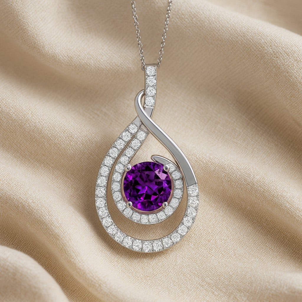 Natural Amethyst & Diamond 92.5 Sterling Silver Pendant with Chain (1 of 7)