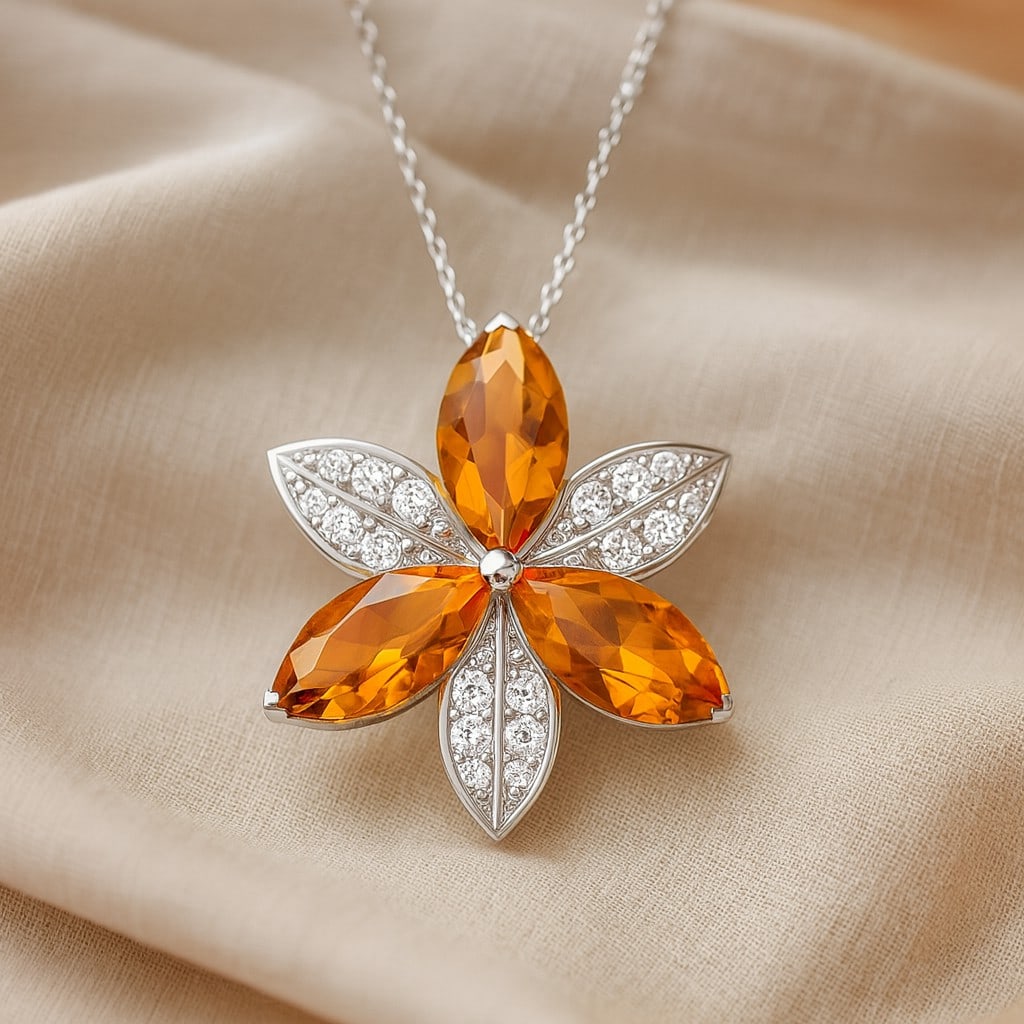 Natural Citrine & Diamond 92.5 Sterling Silver Pendant with Chain: Natural Citrine & Diamond 92.5 Sterling Silver Pendant with Chain Gemstone Shape : Marquise Gemstone Size : 12x6 MM Gemstone Quantity : 3 Pieces Diamond Type : Lab Grown Diamond Shape : Round D
