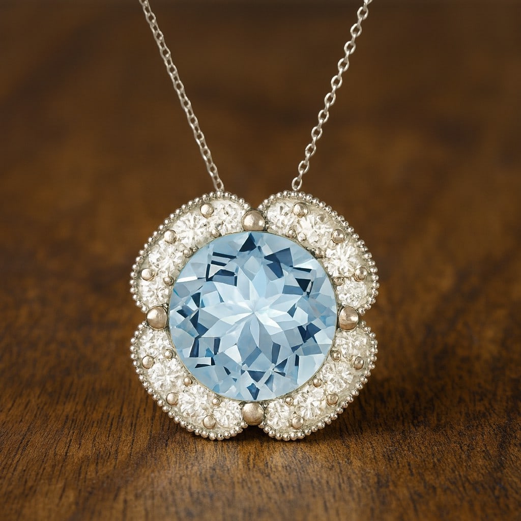 Natural Aquamarine & Diamond 92.5 Sterling Silver Necklace: Natural Aquamarine & Diamond 92.5 Sterling Silver Necklace Gemstone Shape : Round Gemstone Size : 8 MM Gemstone Quantity : 1 Piece Diamond Type : Lab Grown Diamond Shape : Round Diamond Color :