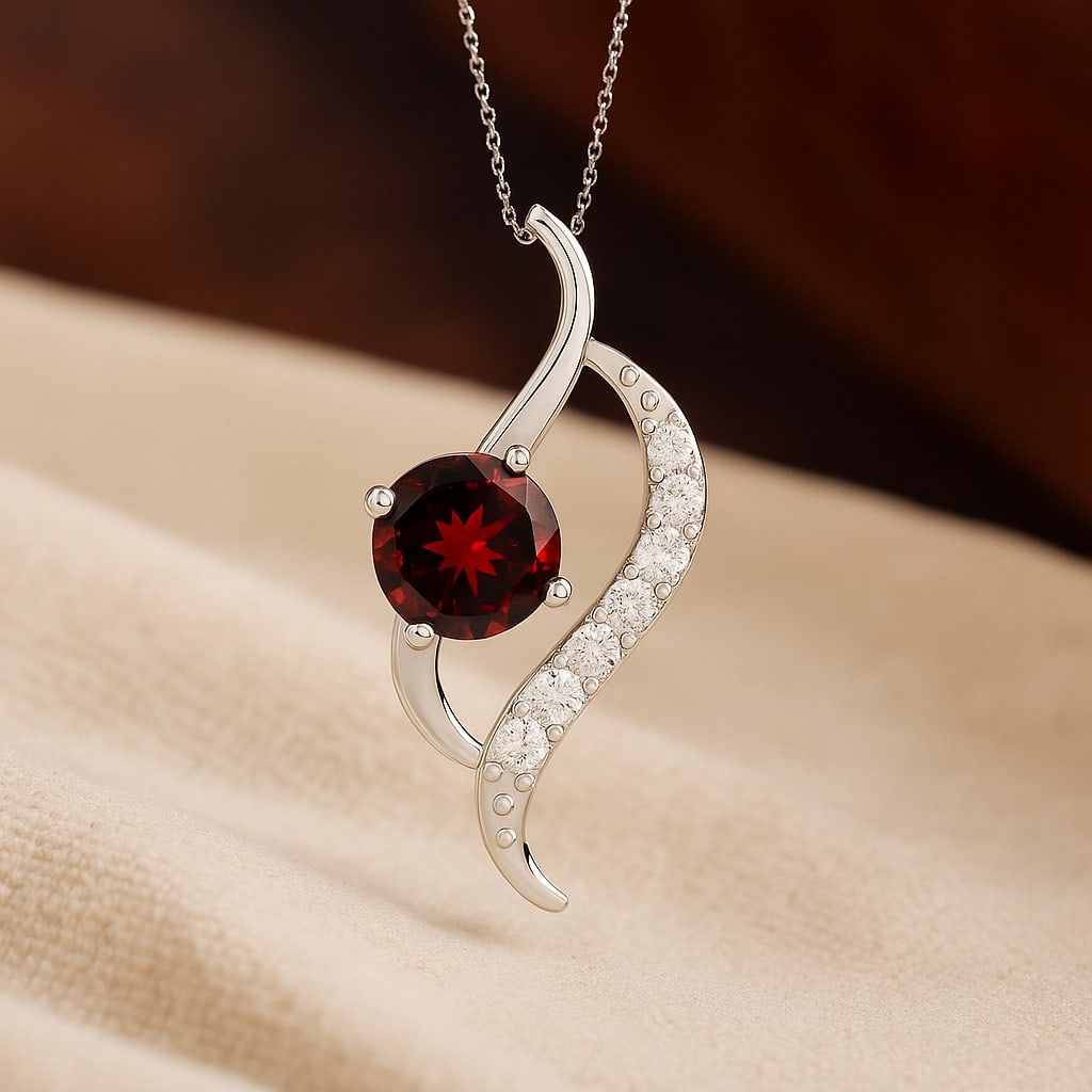 Natural Garnet & Diamond 92.5 Sterling Silver Pendant with Chain: Natural Garnet & Diamond 92.5 Sterling Silver Pendant with Chain Gemstone Shape : Round Gemstone Size : 6 MM Gemstone Quantity : 1 Piece Diamond Type : Lab Grown Diamond Shape : Round Diamond C