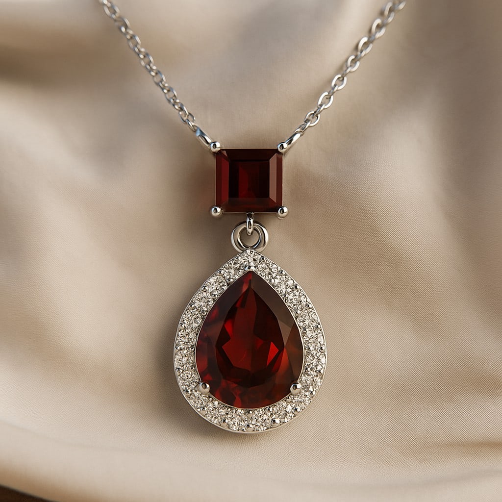 Natural Garnet & Diamond 92.5 Sterling Silver Pendant with Chain (1 of 7)