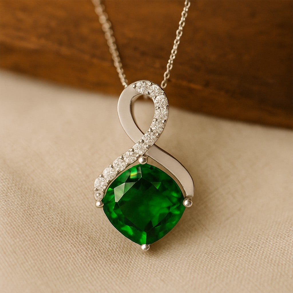 Lab Grown Emerald & Diamond 92.5 Sterling Silver Pendant with Chain: Lab Grown Emerald & Diamond 92.5 Sterling Silver Pendant with Chain Gemstone Shape : Cushion Square Gemstone Size : 8 MM Gemstone Quantity : 1 Piece Diamond Type : Lab Grown Diamond Shape : Round<
