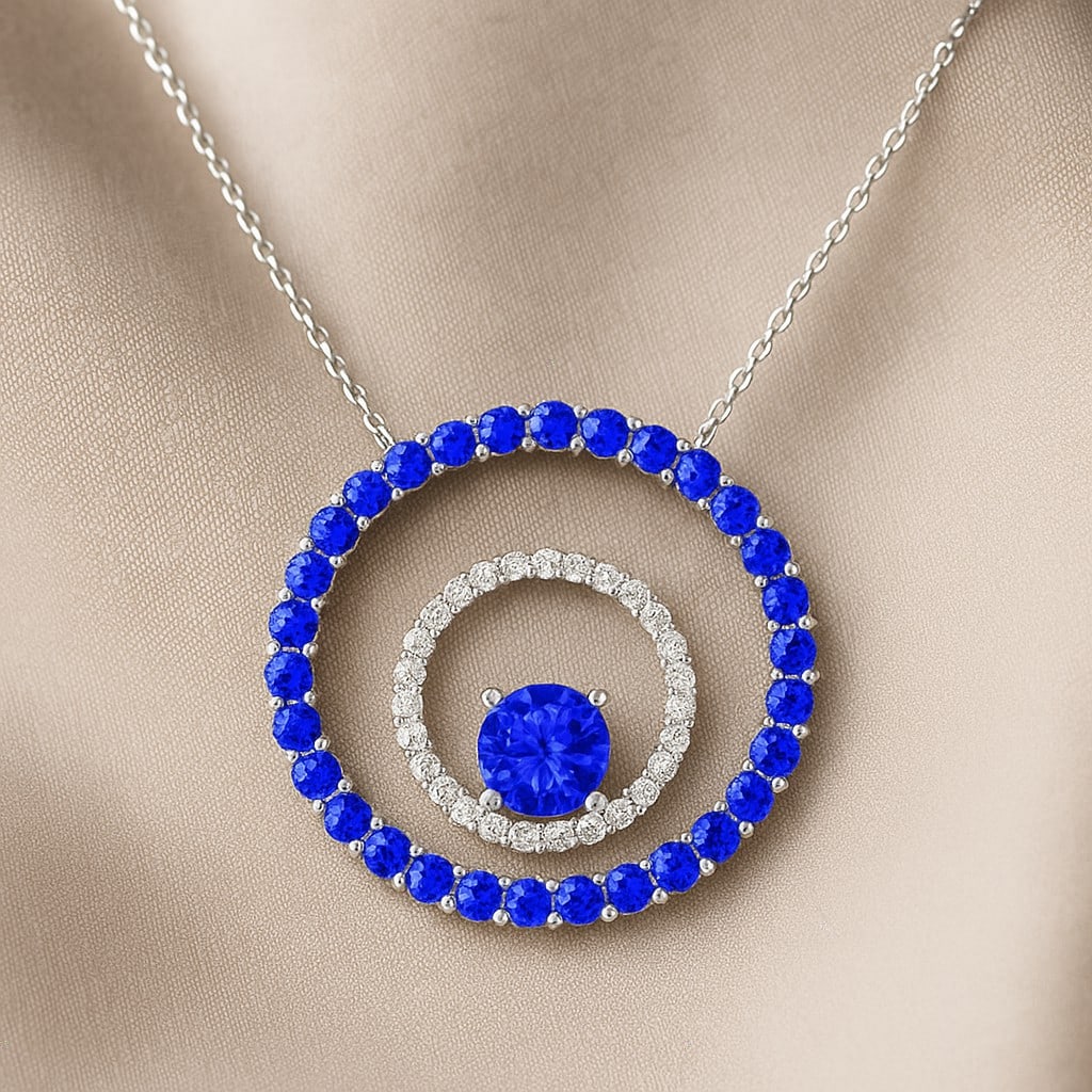 Natural Tanzanite & Diamond 92.5 Sterling Silver Necklace: Natural Tanzanite & Diamond 92.5 Sterling Silver Necklace Gemstone Shape : Round Gemstone Size : 5 MM, 2 MM Gemstone Quantity : 1 Piece, 28 Pieces Diamond Type : Lab Grown Diamond Shape : Round