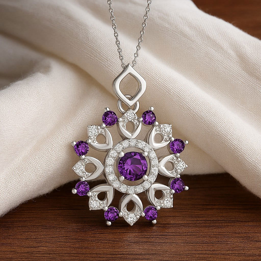 Natural Amethyst & Diamond 92.5 Sterling Silver Pendant with Chain (1 of 7)
