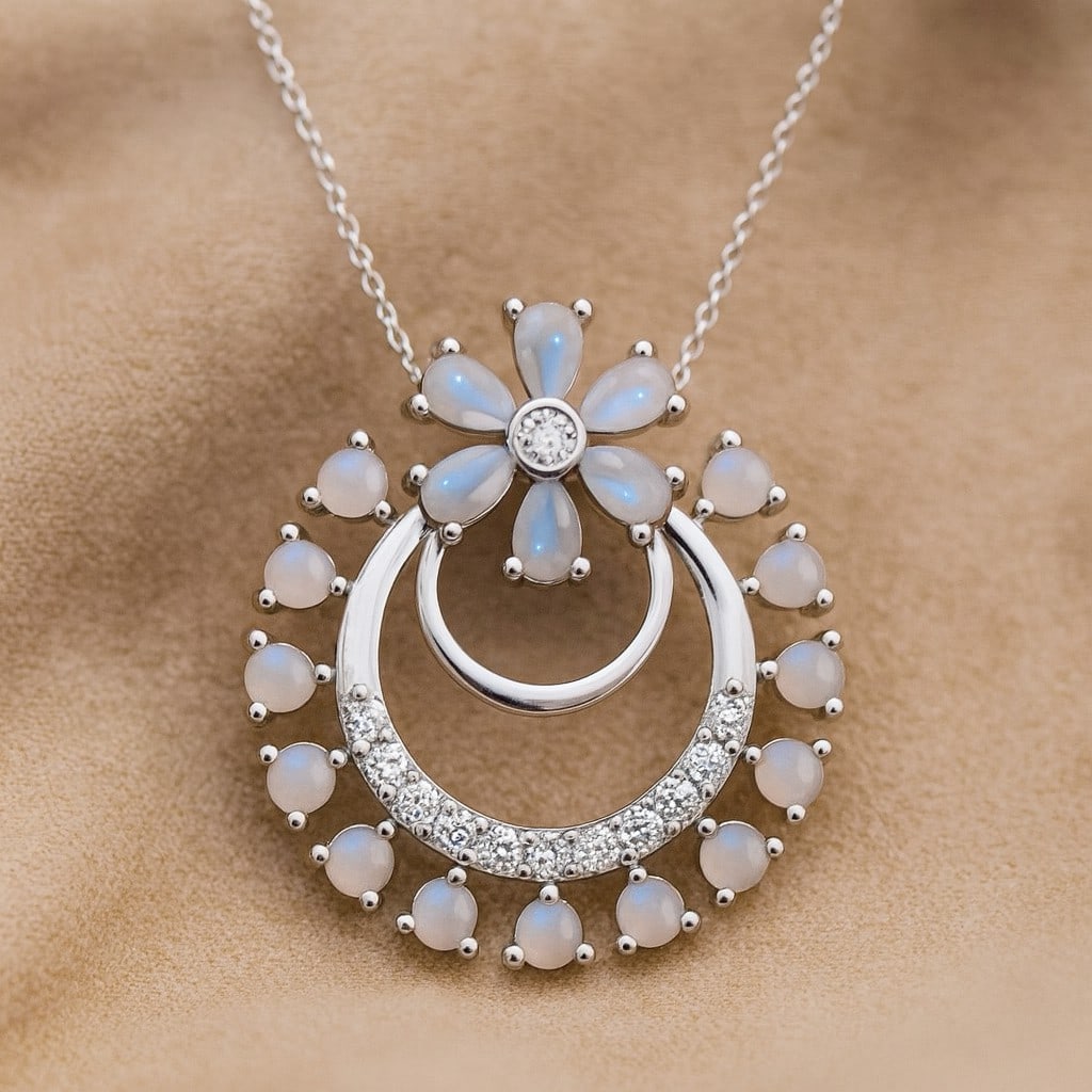 Natural Moonstone & Diamond 92.5 Sterling Silver Pendant with Chain (1 of 7)