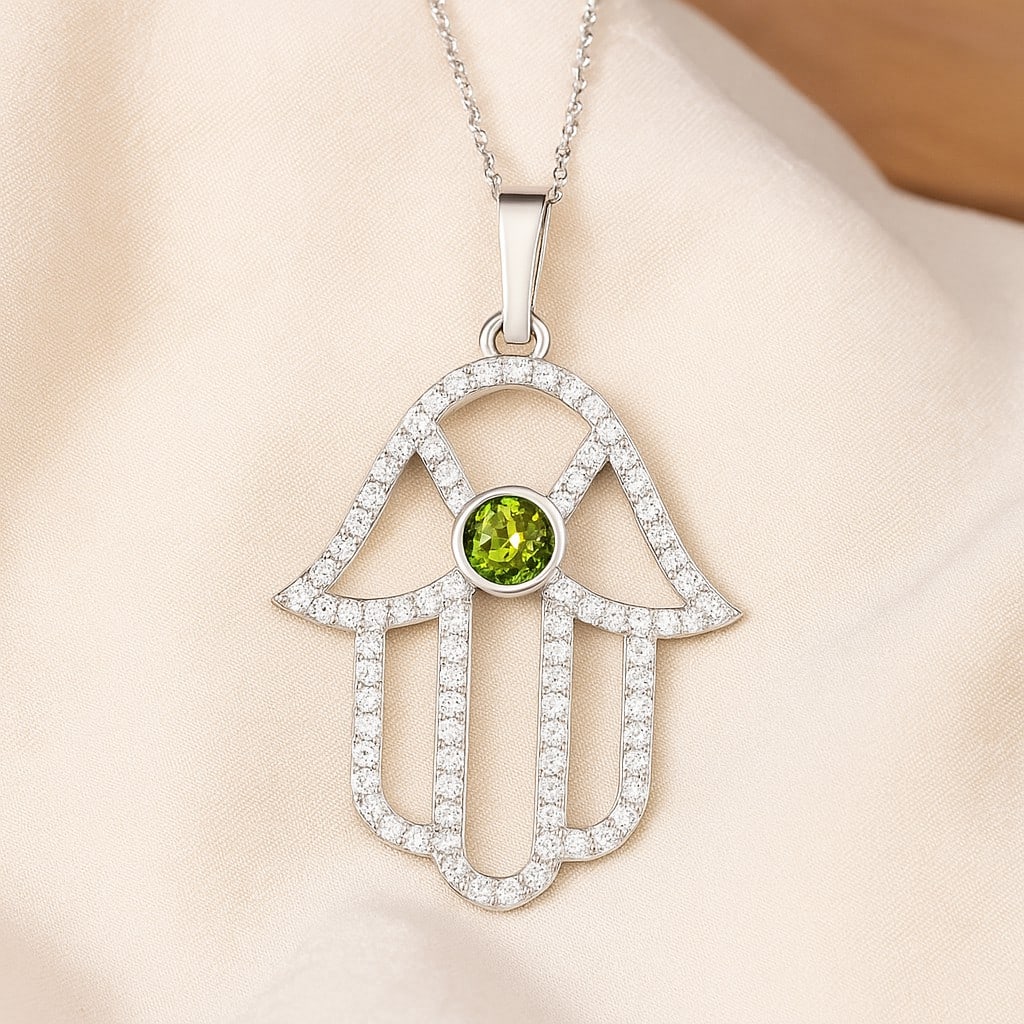 Natural Peridot & Diamond 92.5 Sterling Silver Pendant with Chain: Natural Peridot & Diamond 92.5 Sterling Silver Pendant with Chain Gemstone Shape : Round Gemstone Size : 3.5 MM Gemstone Quantity : 1 Piece Diamond Type : Lab Grown Diamond Shape : Round Diamon