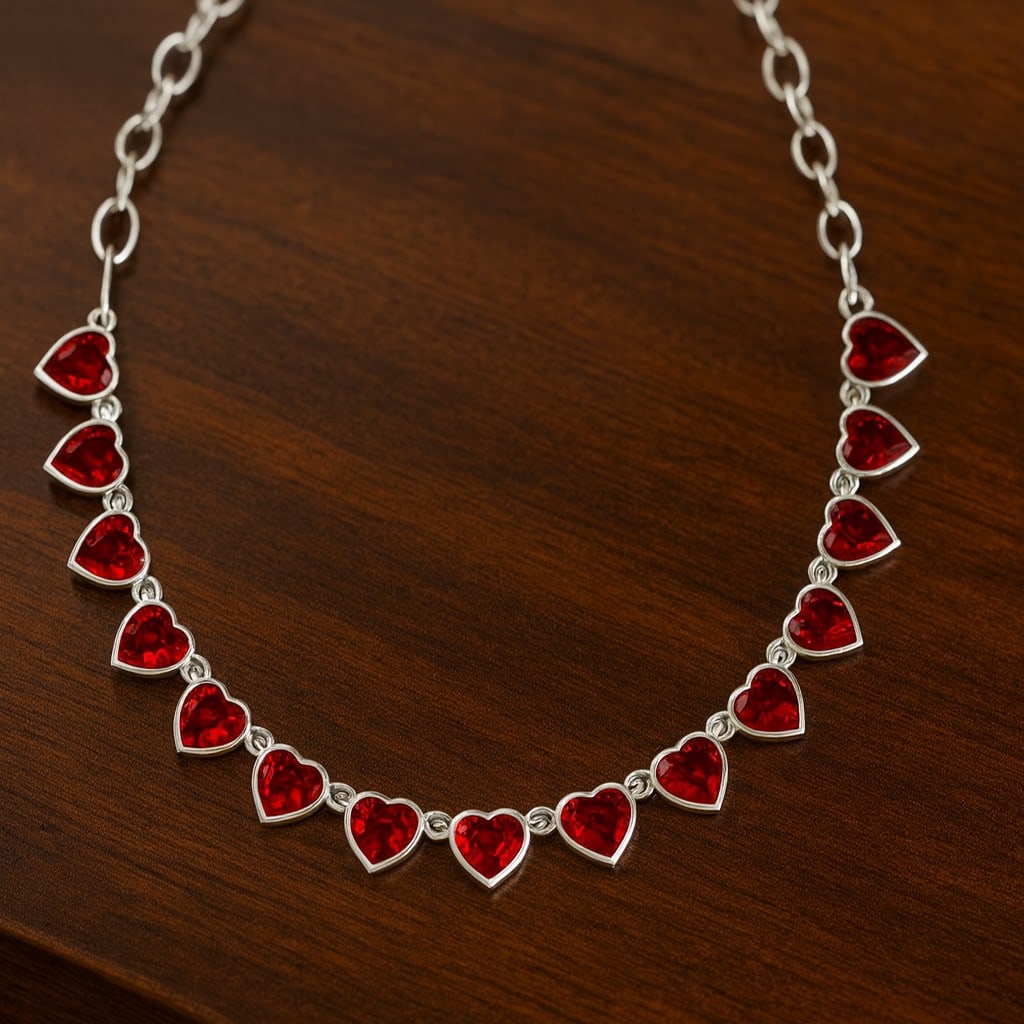 Natural Ruby Gemstone 92.5 Sterling Silver Necklace: Natural Ruby Gemstone 92.5 Sterling Silver Necklace Gemstone Shape : Heart Gemstone Size : 5 MM Gemstone Quantity : 15 Pieces Metal : Silver Metal Purity : 92.5 Sterling Silver Pendant Length :