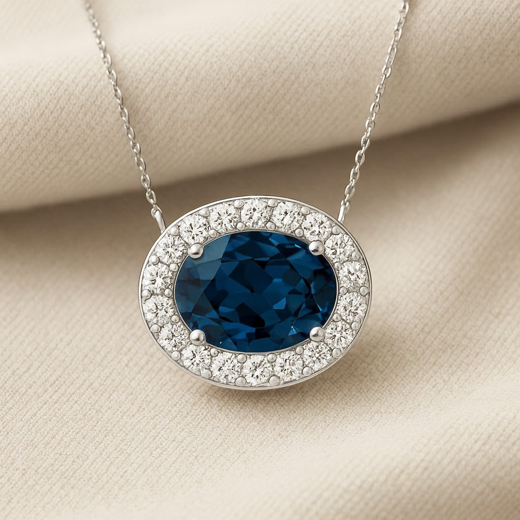 Natural London Blue Topaz & Diamond 92.5 Sterling Silver Pendant with Chain: Natural London Blue Topaz & Diamond 92.5 Sterling Silver Pendant with Chain Gemstone Shape : Oval Gemstone Size : 7x5 MM Gemstone Quantity : 1 Piece Diamond Type : Lab Grown Diamond Shape : Round<