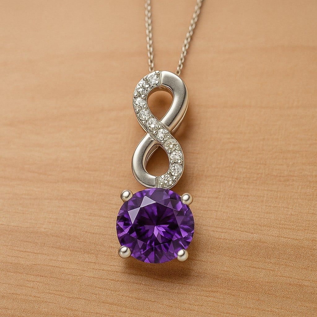 Natural Amethyst & Diamond 92.5 Sterling Silver Pendant with Chain: Natural Amethyst & Diamond 92.5 Sterling Silver Pendant with Chain Gemstone Shape : Round Gemstone Size : 7 MM Gemstone Quantity : 1 Piece Diamond Type : Lab Grown Diamond Shape : Round Diamond