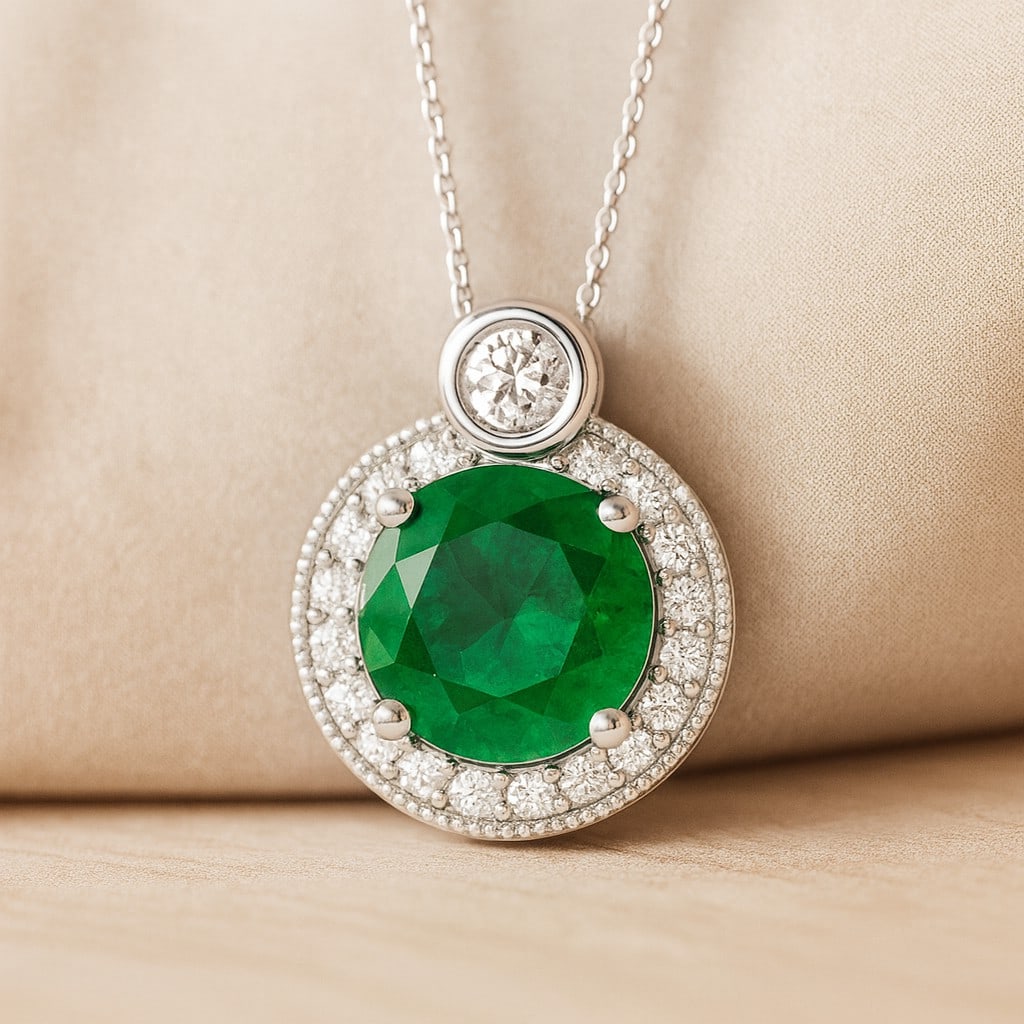 Lab Grown Emerald & Diamond 92.5 Sterling Silver Pendant with Chain: Lab Grown Emerald & Diamond 92.5 Sterling Silver Pendant with Chain Gemstone Shape : Round Gemstone Size : 7 MM Gemstone Quantity : 1 Piece Diamond Type : Lab Grown Diamond Shape : Round Diamon