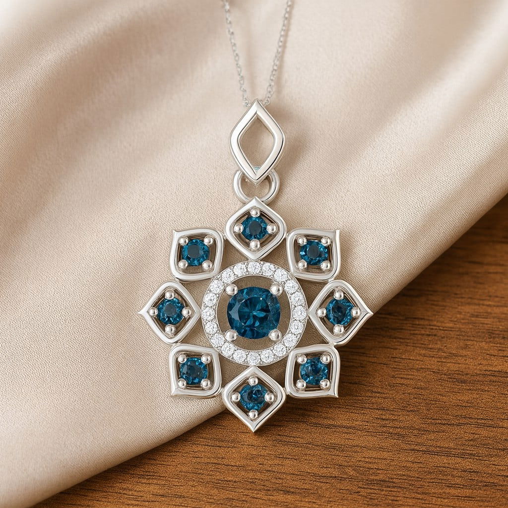 Natural London Blue Topaz & Diamond 92.5 Sterling Silver Pendant with Chain: Natural London Blue Topaz & Diamond 92.5 Sterling Silver Pendant with Chain Gemstone Shape : Round Gemstone Size : 4 MM, 2 MM Gemstone Quantity : 9 Pieces Diamond Type : Lab Grown Diamond Shape : Roun