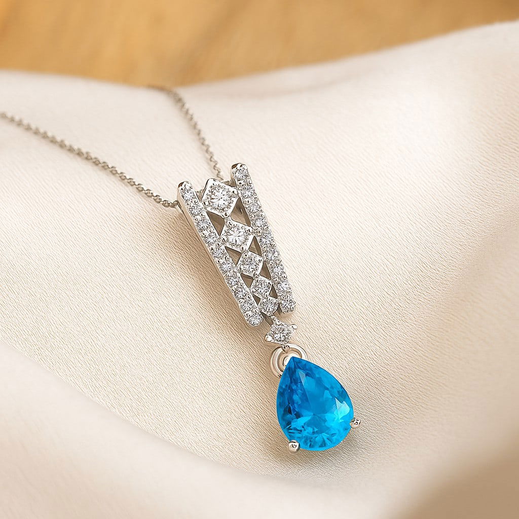 Natural Swiss Blue Topaz & Diamond 92.5 Sterling Silver Pendant with Chain: Natural Swiss Blue Topaz & Diamond 92.5 Sterling Silver Pendant with Chain Gemstone Shape : Pear Gemstone Size : 8x6 MM Gemstone Quantity : 1 Piece Diamond Type : Lab Grown Diamond Shape : Round