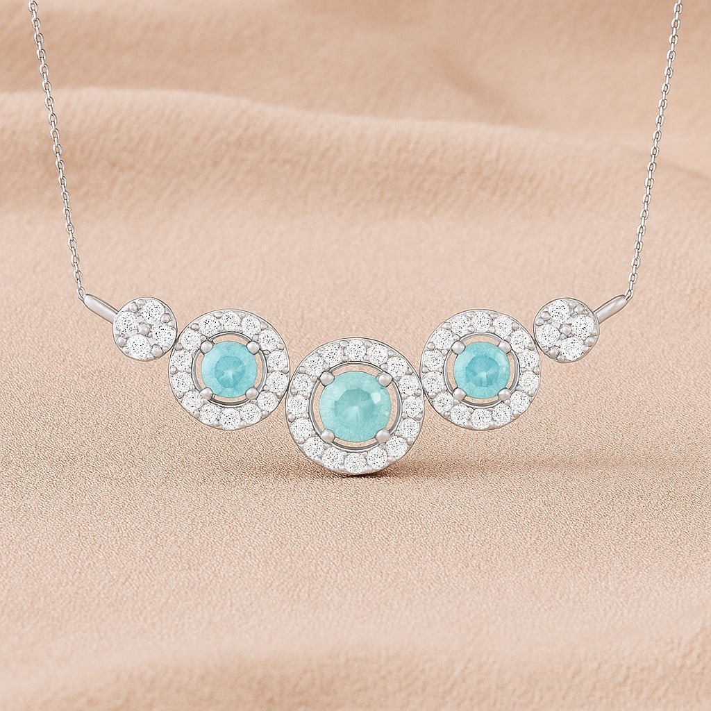 Natural Aquamarine & Diamond 92.5 Sterling Silver Necklace: Natural Aquamarine & Diamond 92.5 Sterling Silver Necklace Gemstone Shape : Round Gemstone Size : 3.5 MM, 2.8 MM Gemstone Quantity : 3 Pieces Diamond Type : Lab Grown Diamond Shape : Round Diam