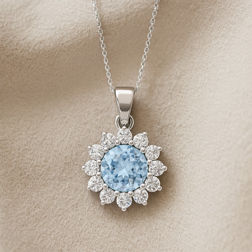 Natural Aquamarine & Diamond 92.5 Sterling Silver Pendant with Chain: Natural Aquamarine & Diamond 92.5 Sterling Silver Pendant with Chain Gemstone Shape : Round Gemstone Size : 7 MM Gemstone Quantity : 1 Piece Diamond Type : Lab Grown Diamond Shape : Round Diamo