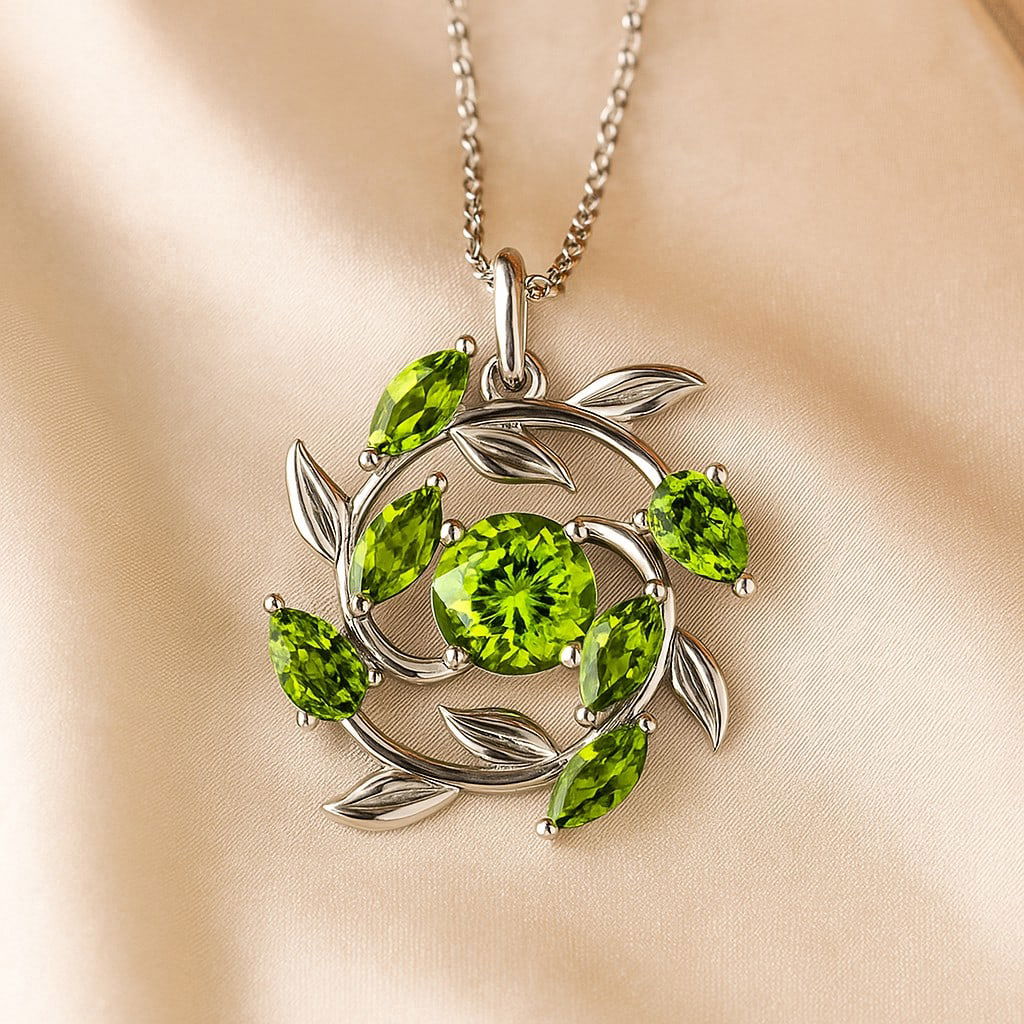 Natural Peridot Gemstone 92.5 Sterling Silver Pendant with Chain (1 of 7)