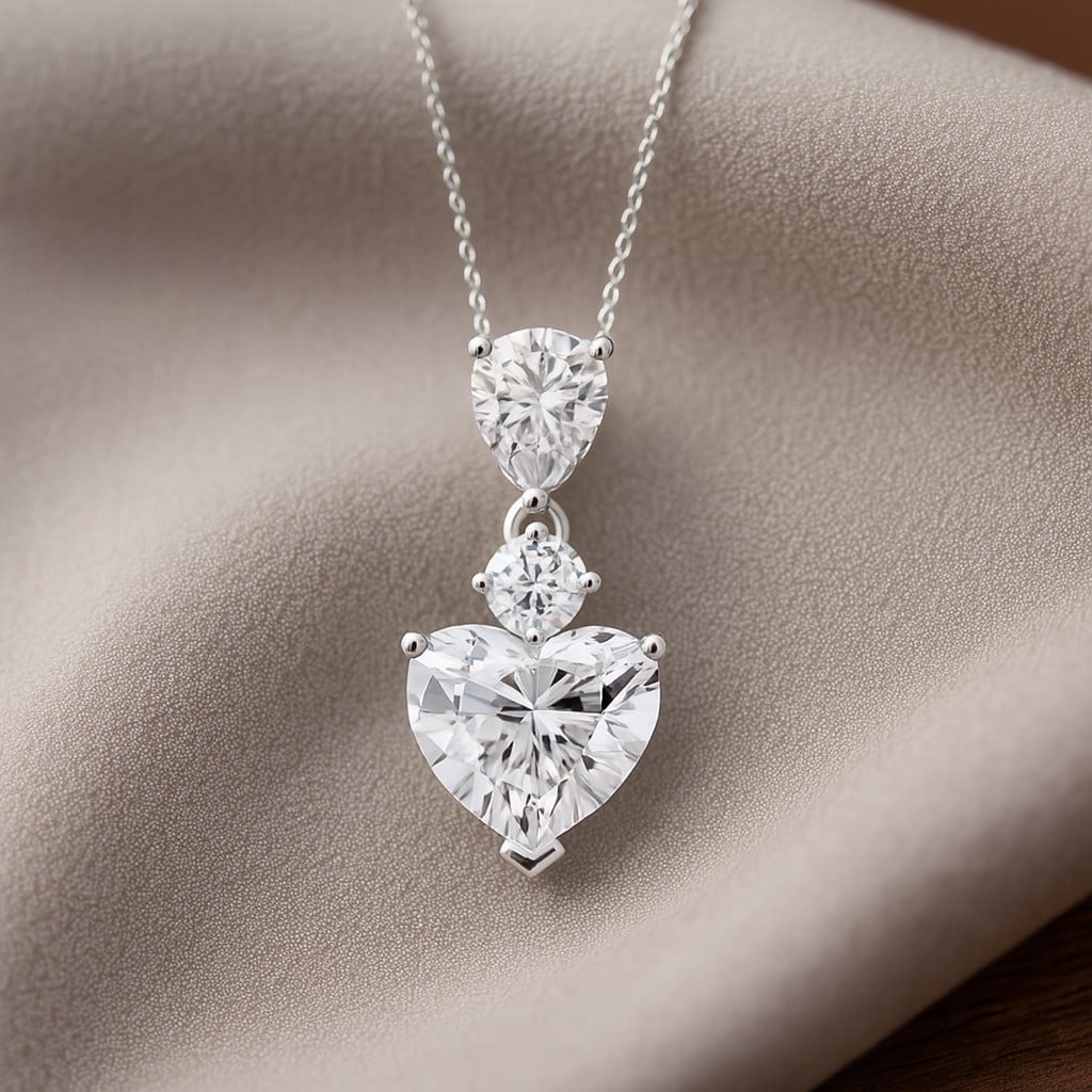 Lab Grown Diamond 92.5 Sterling Silver Pendant with Chain: Lab Grown Diamond 92.5 Sterling Silver Pendant with Chain Gemstone Shape : Heart, Pear Gemstone Size : 9 MM, 7x5 MM Gemstone Quantity : 2 Pieces Diamond Type : Lab Grown Diamond Shape : Round D
