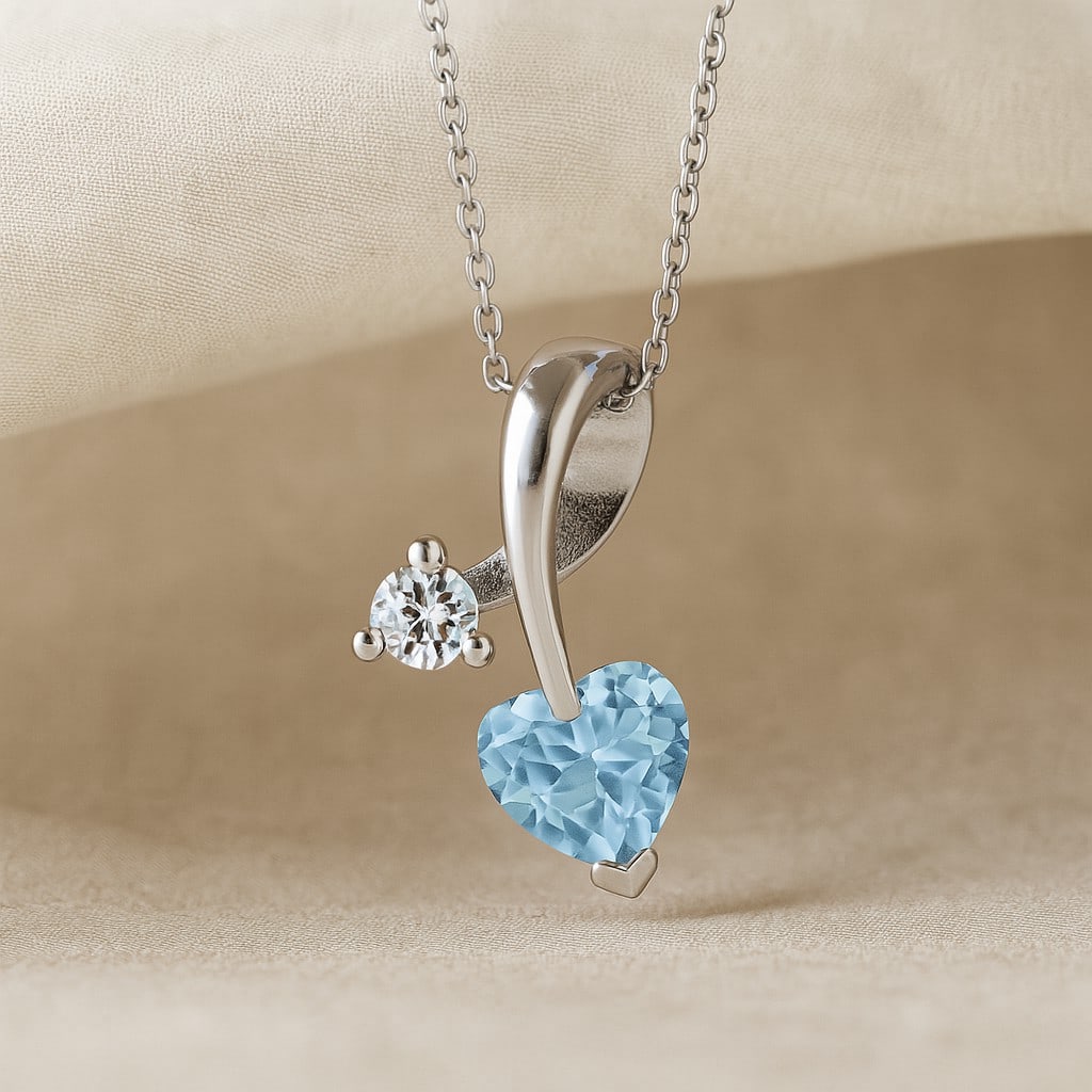 Natural Aquamarine & Diamond 92.5 Sterling Silver Pendant with Chain: Natural Aquamarine & Diamond 92.5 Sterling Silver Pendant with Chain Gemstone Shape : Heart Gemstone Size : 4 MM Gemstone Quantity : 1 Piece Diamond Type : Lab Grown Diamond Shape : Round Diamo
