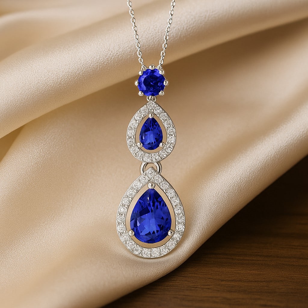 Natural Tanzanite & Diamond 92.5 Sterling Silver Pendant with Chain: Natural Tanzanite & Diamond 92.5 Sterling Silver Pendant with Chain Gemstone Shape : Pear, Round Gemstone Size : 7x5 MM, 4x3 MM, 3.5 MM Gemstone Quantity : 3 Pieces Diamond Type : Lab Grown Diamond Sh