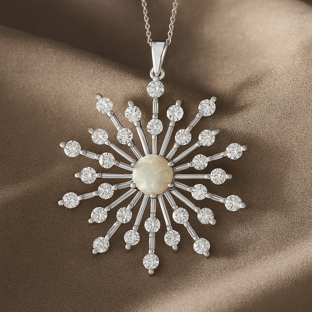 Natural Opal & Diamond 92.5 Sterling Silver Pendant with Chain: Natural Opal & Diamond 92.5 Sterling Silver Pendant with Chain Gemstone Shape : Round Gemstone Size : 4.5 MM Gemstone Quantity : 1 Piece Diamond Type : Lab Grown Diamond Shape : Round Diamond C