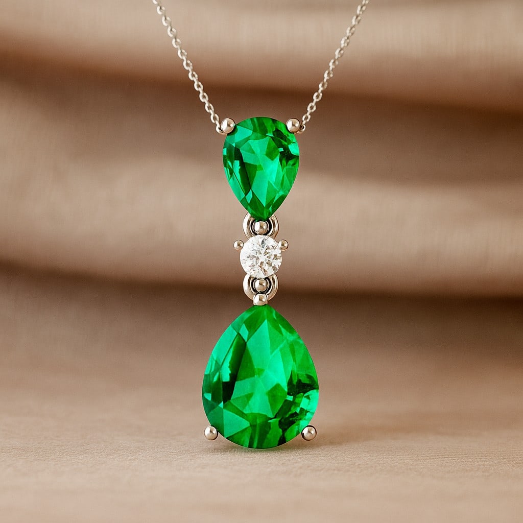 Lab Grown Emerald & Diamond 92.5 Sterling Silver Pendant with Chain: Lab Grown Emerald & Diamond 92.5 Sterling Silver Pendant with Chain Gemstone Shape : Pear Gemstone Size : 10x8 MM, 7x5 MM Gemstone Quantity : 2 Pieces Diamond Type : Lab Grown Diamond Shape : Round