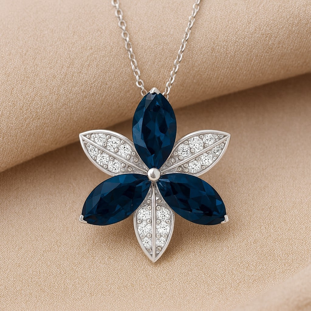Natural London Blue Topaz & Diamond 92.5 Sterling Silver Pendant with Chain: Natural London Blue Topaz & Diamond 92.5 Sterling Silver Pendant with Chain Gemstone Shape : Marquise Gemstone Size : 12x6 MM Gemstone Quantity : 3 Pieces Diamond Type : Lab Grown Diamond Shape : Roun