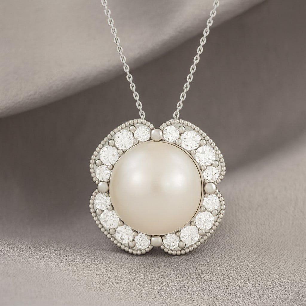 Natural Pearl & Diamond 92.5 Sterling Silver Necklace: Natural Pearl & Diamond 92.5 Sterling Silver Necklace Gemstone Shape : Round Gemstone Size : 8 MM Gemstone Quantity : 1 Piece Diamond Type : Lab Grown Diamond Shape : Round Diamond Color : D